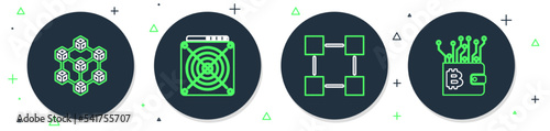 Set line ASIC Miner, Blockchain technology, and Cryptocurrency wallet icon. Vector