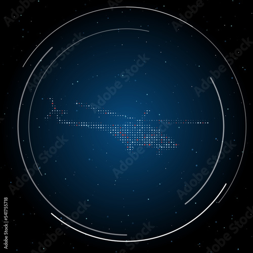 The helicopter symbol filled with white dots. Pointillism style. Some dots is red. Vector illustration on blue background with stars