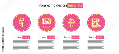 Set line Gold bars, Mobile stock trading, Global economic crisis news and Drop crude oil price icon. Vector