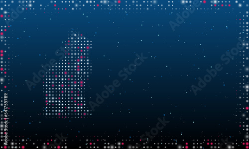 On the left is the cat symbol filled with white dots. Pointillism style. Abstract futuristic frame of dots and circles. Some dots is pink. Vector illustration on blue background with stars