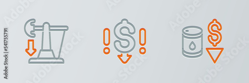 Set line Drop in crude oil price, and Dollar rate decrease icon. Vector