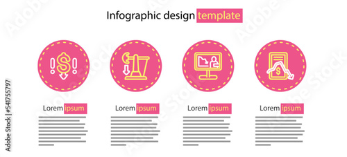 Set line Global economic crisis news, Mobile stock trading, Drop crude oil price and Dollar rate decrease icon. Vector