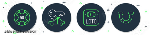 Set line Car gift, Lottery ticket, Casino chips and Horseshoe icon. Vector