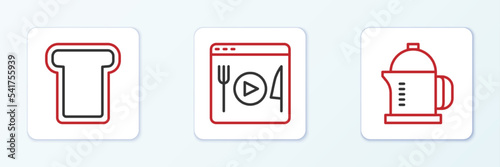 Set line French press, Bread toast and Cooking live streaming icon. Vector