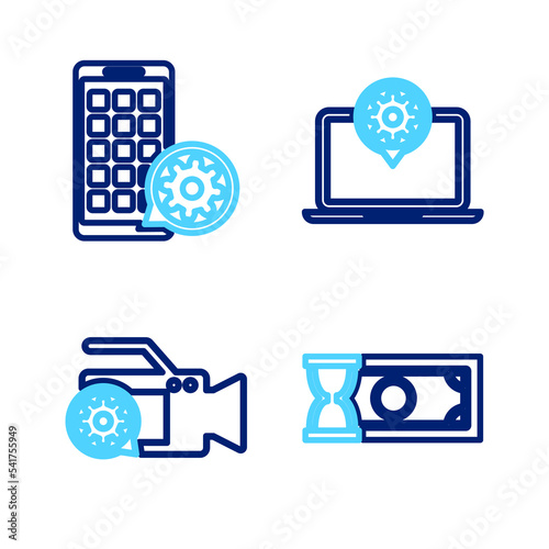 Set line Fast payments, Video camera setting, Laptop and Mobile Apps icon. Vector