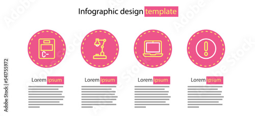 Set line Laptop, Speech bubble and Exclamation, Table lamp and Exam paper with incorrect answers icon. Vector