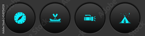 Set Compass, Rafting boat, Flashlight and Tourist tent with flag icon. Vector