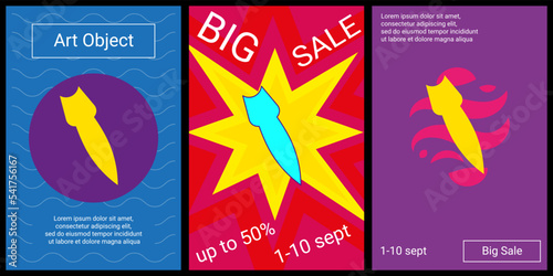 Trendy retro posters for organizing sales and other events. Large falling rocket symbol in the center of each poster. Vector illustration on black background