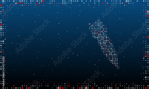 On the right is the falling rocket symbol filled with white dots. Pointillism style. Abstract futuristic frame of dots and circles. Some dots is red. Vector illustration on blue background with stars