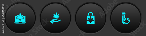 Set Laptop and marijuana or cannabis, Marijuana leaf, Shopping paper bag of and Chemical test tube with icon. Vector