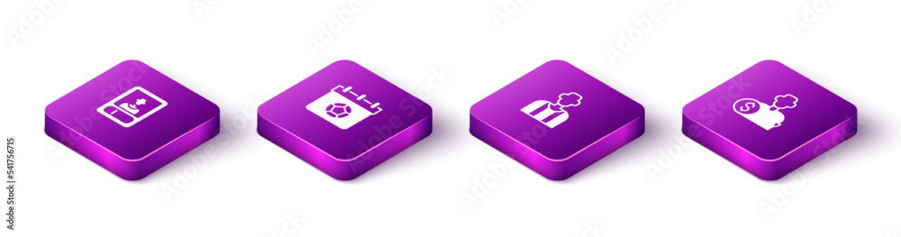 Set Isometric Football or soccer card, calendar, referee and Buy football player icon. Vector Set Isometric Football or soccer card, calendar, referee and Buy football player icon. Vector