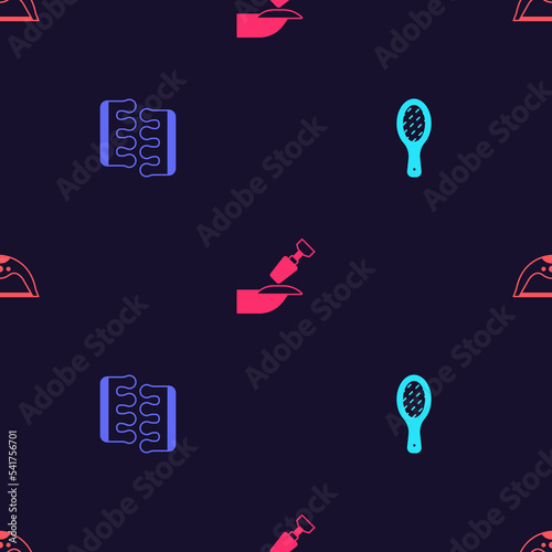 Set Nail file, Toe separator for pedicure, Milling cutter manicure and Manicure lamp on seamless pattern. Vector
