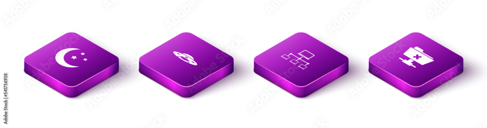 Set Isometric Moon and stars, UFO flying spaceship, Computer network and FTP cancel operation icon. Vector Set Isometric Moon and stars, UFO flying spaceship, Computer network and FTP cancel operation icon. Vector