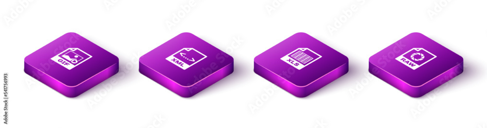 Set Isometric GIF file document, XML, XLS and RAW icon. Vector Set Isometric GIF file document, XML, XLS and RAW icon. Vector