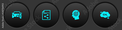 Set Car sharing, Share file, Head hunting concept and Methane emissions reduction icon. Vector