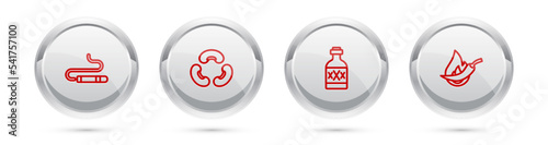 Set line Cigar, Beans, Tequila bottle and Hot chili pepper pod. Silver circle button. Vector