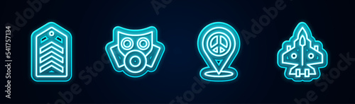 Set line Chevron, Gas mask, Location peace and Jet fighter. Glowing neon icon. Vector