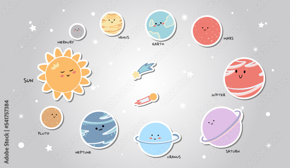 Solar system with cute cartoon planets. Funny universe for kids , sun, pluto, mars, mercury, earth, venus, jupiter, saturn, uranus, neptune. Hand drawn design print, poster, vector illustration