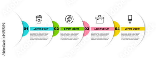 Set line Coffee cup to go, Ear listen sound signal, Briefcase and USB flash drive. Business infographic template. Vector