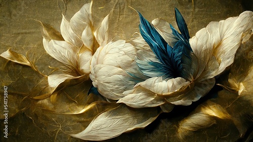 Golden Peony with blue and yellow feather