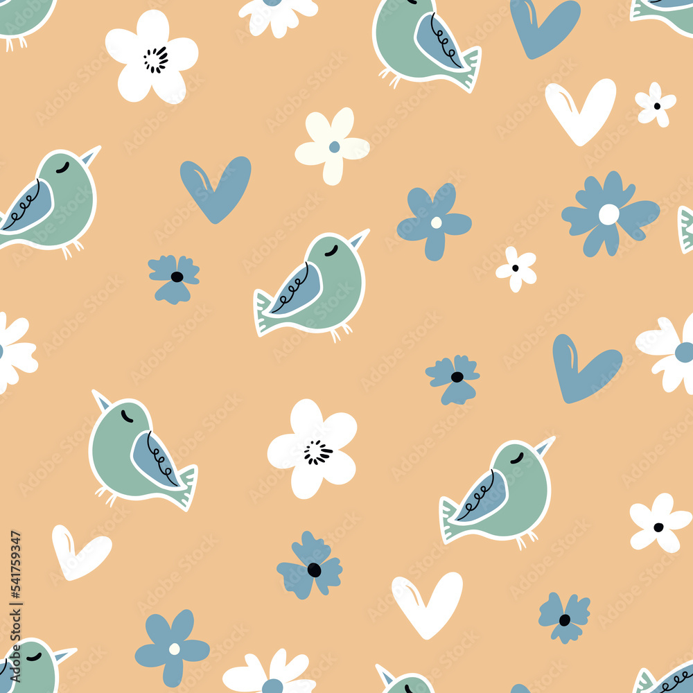 Seamless pattern with funny colorful birds. Color flat vector illustration with little cartoon bird. Cute characters. Template design for invitation, poster, card, flyer, textile, fabric for kids