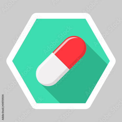 Red Pill Capsule, Medicine, vector mark symbols green style. White Stroke design. Isolated icon.