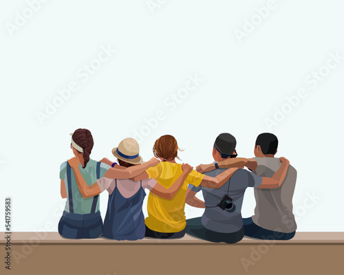 Cheerful summer day, a group of young girls and guys are sitting and hugging each other, they are friends. Free and happy people, the concept of friendship between men and women. Vector illustration.