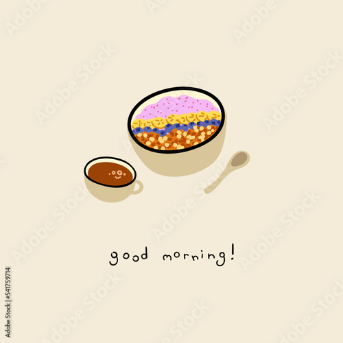 Fruit Bowl acai smoothie and other berrys and fruits. Good Morning quote