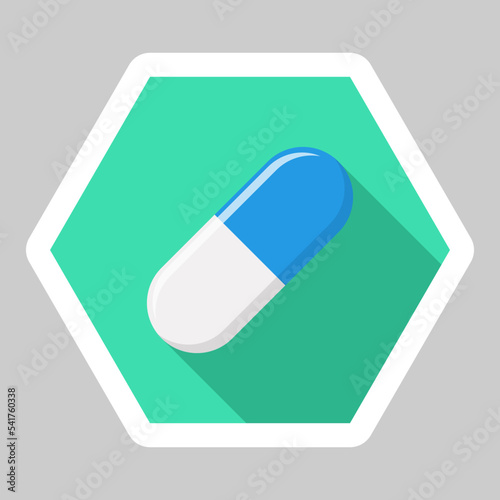 Blue Pill Capsule, Medicine, vector mark symbols green style. White Stroke design. Isolated icon.