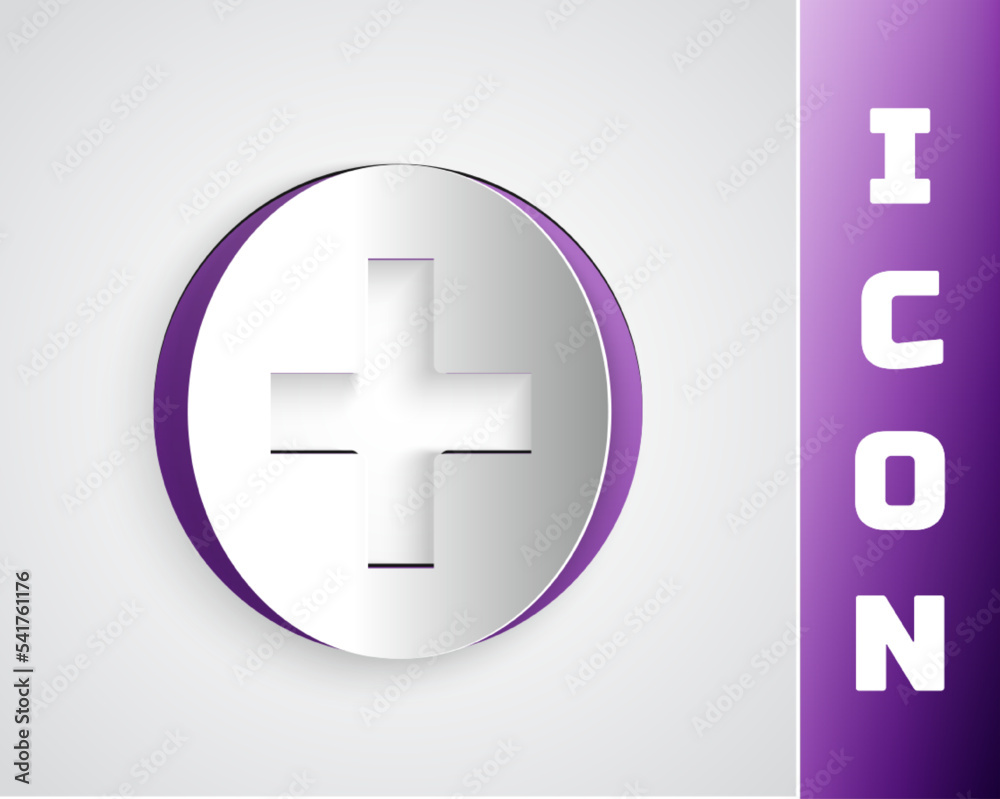 Fototapeta premium Paper cut Cross hospital medical icon isolated on grey background. First aid. Diagnostics symbol. Medicine and pharmacy sign. Paper art style. Vector Illustration