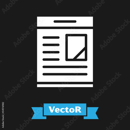 White Newspaper advertisement displaying obituaries icon isolated on black background. Vector