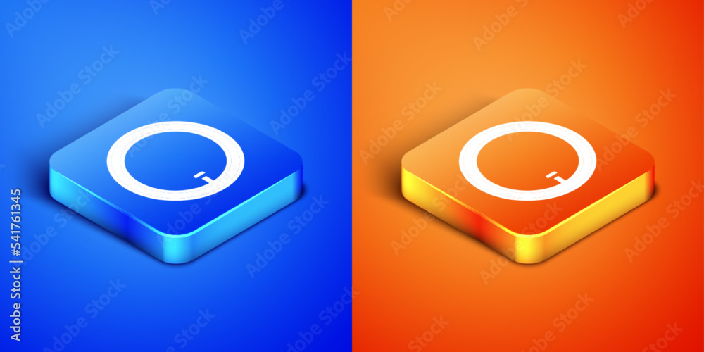 Isometric Bicycle wheel icon isolated on blue and orange background. Bike race. Wheel tire air. Sport equipment. Square button. Vector Isometric Bicycle wheel icon isolated on blue and orange background. Bike race. Wheel tire air. Sport equipment. Square button. Vector