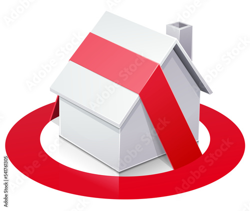 3D white detached house with red circular no-build symbol (cut out)