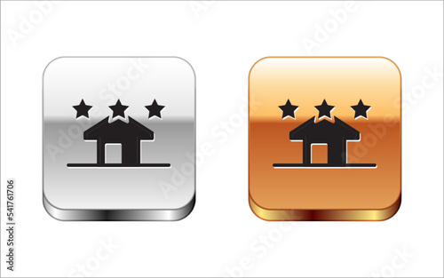 Black House icon isolated on white background. Real estate agency or cottage town elite class. Silver and gold square buttons. Vector