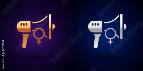 Gold and silver Female movement, feminist activist with banner and placards icon isolated on black background. Feminist rights movement, feminism sisterhood. Vector