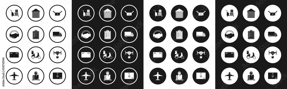 Set Cardboard box with traffic symbol, Support operator in touch, Electric hand truck and boxes, Delivery cargo vehicle, Closed warehouse, drone the package and Envelope icon. Vector Set Cardboard box with traffic symbol, Support operator in touch, Electric hand truck and boxes, Delivery cargo vehicle, Closed warehouse, drone the package and Envelope icon. Vector