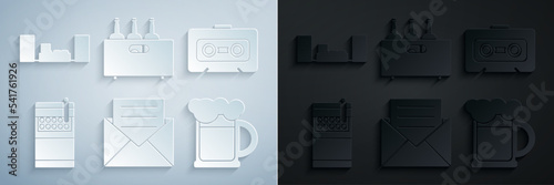 Set Envelope with invitation card, Retro audio cassette tape, Open cigarettes pack box, Wooden beer mug, Bottles of wine wooden and Home stereo two speakers icon. Vector