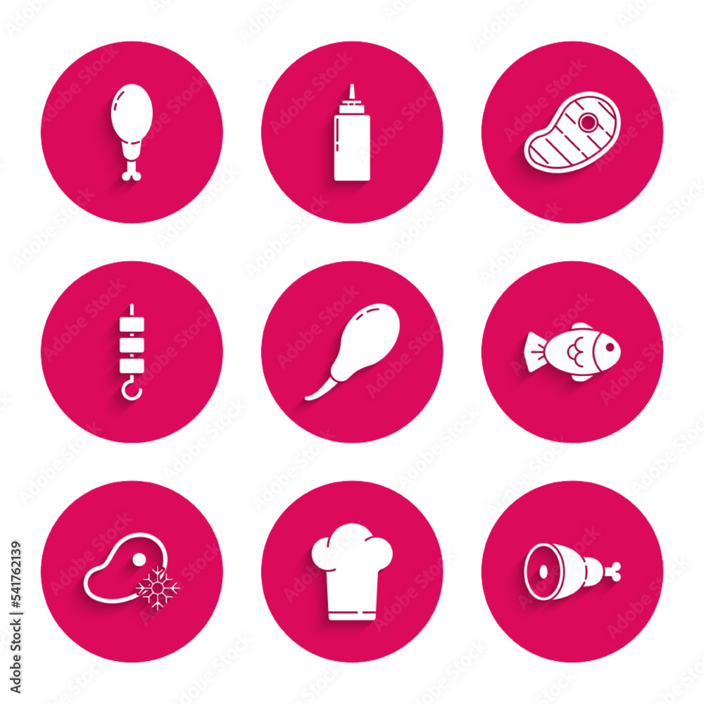 Set Chicken leg, Chef hat, Fish, Fresh frozen steak meat, Grilled shish kebab on skewer stick, Steak and icon. Vector