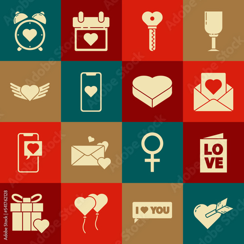 Set Amour with heart and arrow, Valentines day party flyer, Envelope, Key shape, Mobile phone, Heart wings, the center alarm clock and Candy shaped box icon. Vector