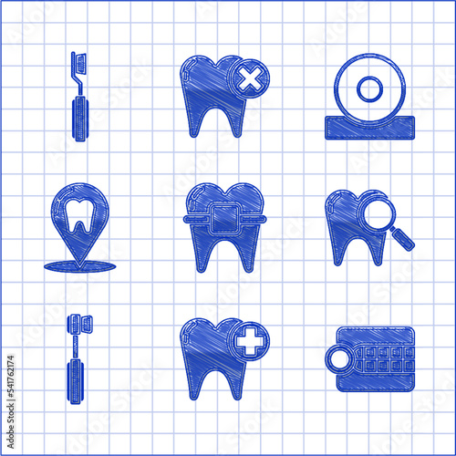 Set Teeth with braces, Tooth, Dentures model, Dental search, Toothbrush, clinic location, Otolaryngological head reflector and icon. Vector