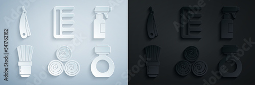 Set Towel rolls, Hairdresser pistol spray bottle, Shaving brush, Aftershave, Hairbrush and Straight razor icon. Vector
