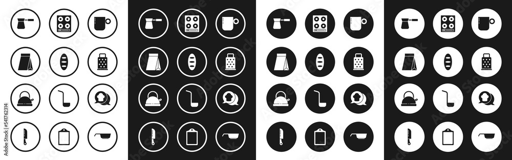 Set Coffee cup, Bread loaf, Bag coffee beans, turk, Grater, Gas stove, Chef hat in speech bubble and Kettle with handle icon. Vector Set Coffee cup, Bread loaf, Bag coffee beans, turk, Grater, Gas stove, Chef hat in speech bubble and Kettle with handle icon. Vector