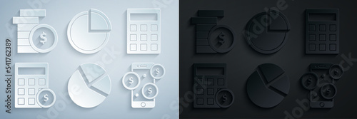Set Pie chart infographic, Calculator, with dollar symbol, Smartphone, and Coin money icon. Vector