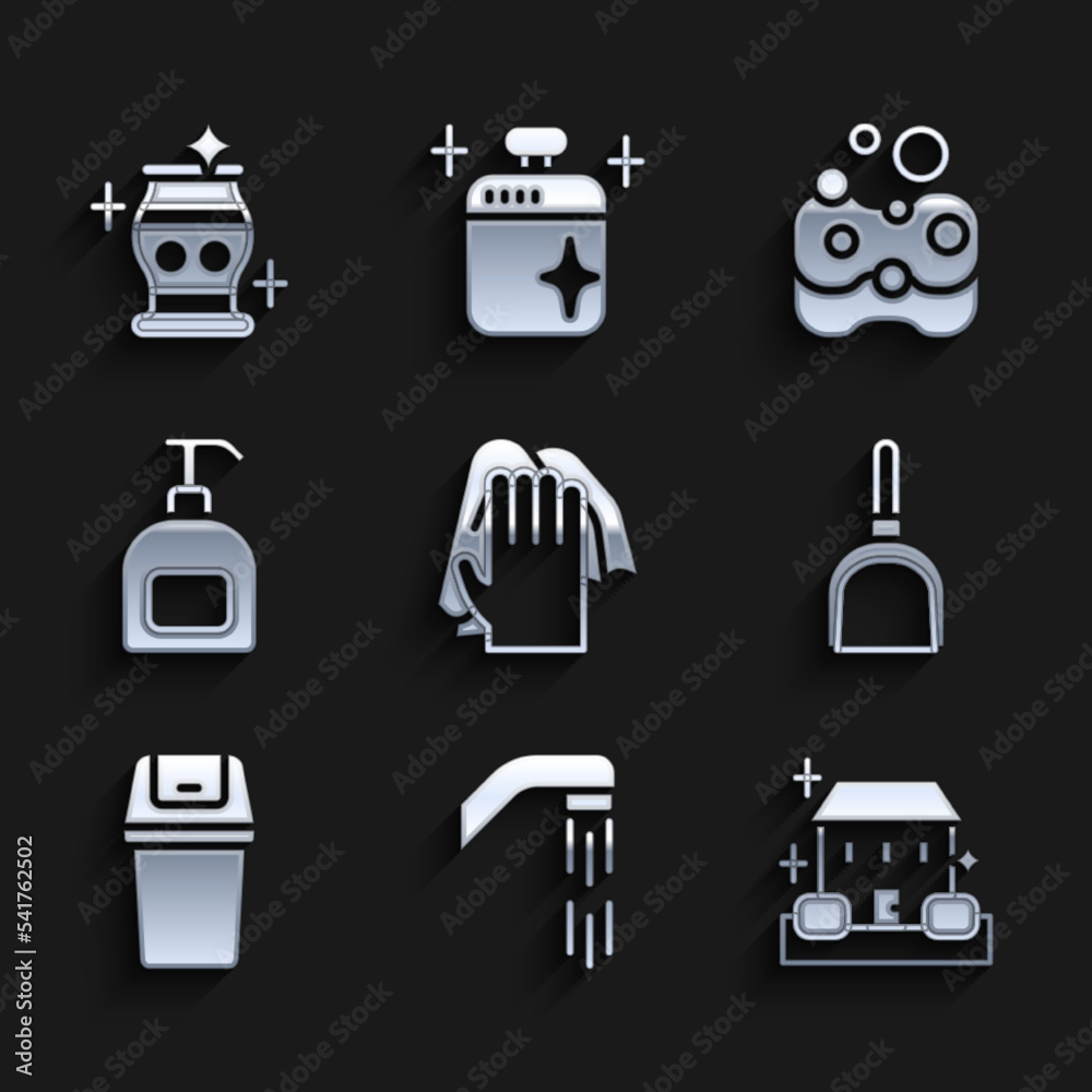 Set Cleaning service, Shower head, Home cleaning, Dustpan, Trash can, Bottle of liquid soap, Sponge and vase icon. Vector Set Cleaning service, Shower head, Home cleaning, Dustpan, Trash can, Bottle of liquid soap, Sponge and vase icon. Vector
