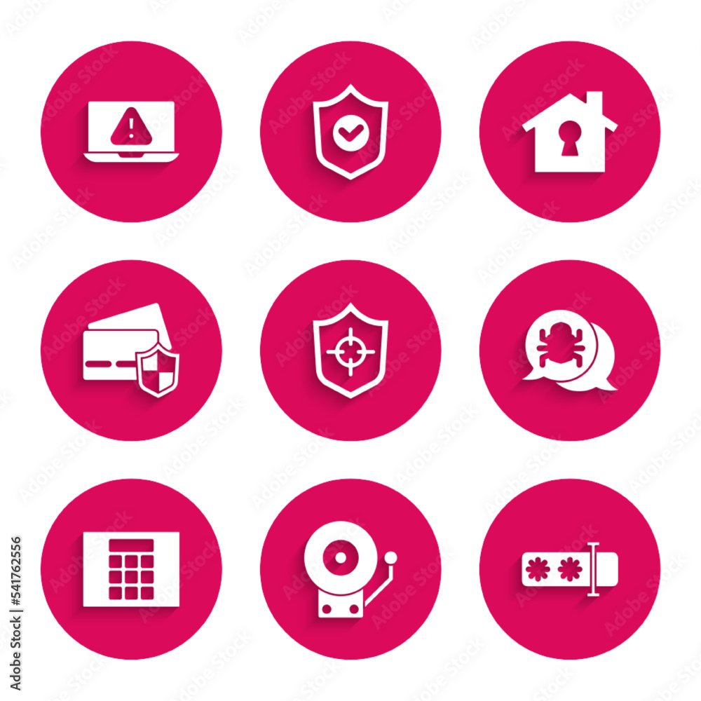 Set Shield, Ringing alarm bell, Password protection, System bug, Credit card with shield, House under and Laptop exclamation mark icon. Vector Set Shield, Ringing alarm bell, Password protection, System bug, Credit card with shield, House under and Laptop exclamation mark icon. Vector