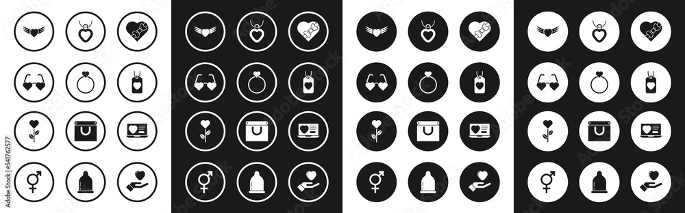 Set Candy in heart shaped box, Wedding rings, Heart love glasses, with wings, tag, Necklace, Dating app online and flower icon. Vector