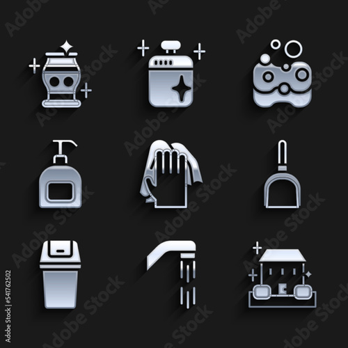 Set Cleaning service, Shower head, Home cleaning, Dustpan, Trash can, Bottle of liquid soap, Sponge and vase icon. Vector