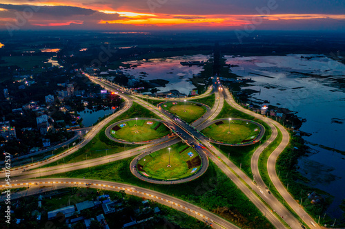 Aerial view of Bhanga four circle, a complex road intersection in Faridpur, Bangladesh. photo