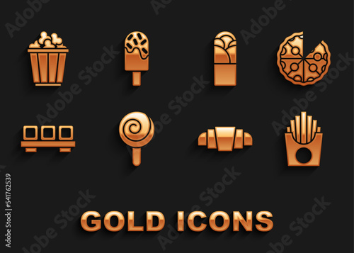 Set Lollipop, Pizza, Potatoes french fries in box, Croissant, Sushi on cutting board, Doner kebab, Popcorn and Ice cream icon. Vector