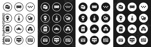 Set Taxi car roof, Car key with remote, Location taxi, call telephone service, bus, Bus, and driver license icon. Vector